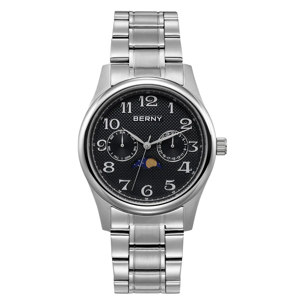 The image shows a BERNY wristwatch with a black dial and silver Arabic numerals. It includes subdials for the date and day, along with a moon phase indicator. The watch features a silver metal bracelet.

