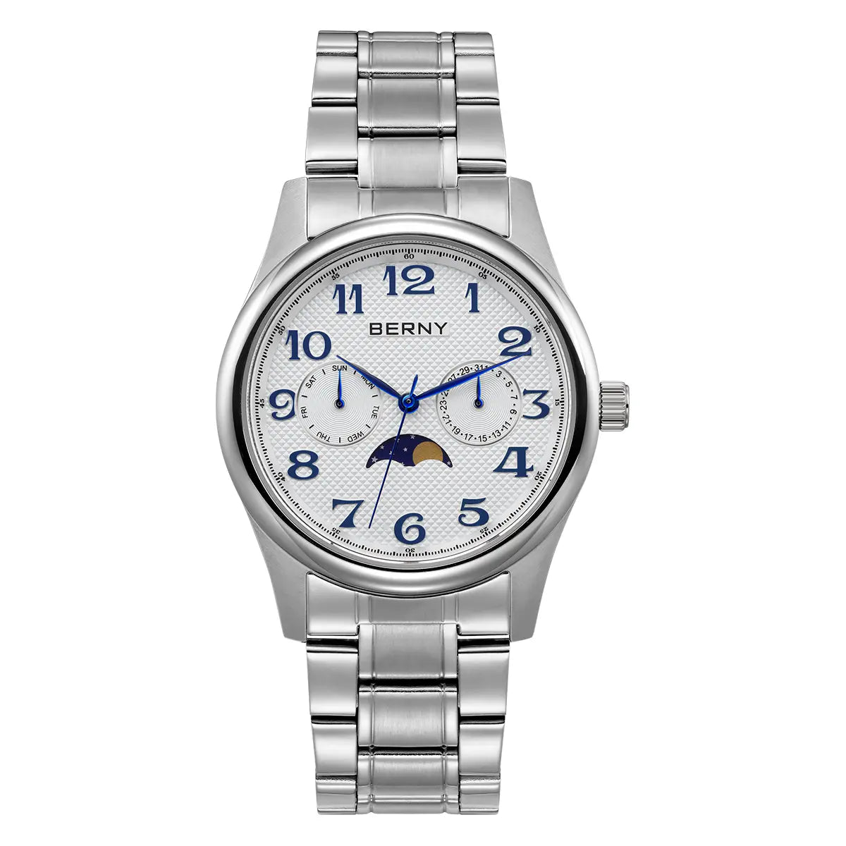 The image shows a BERNY wristwatch with a white dial and blue Arabic numerals. It features subdials for the date and day, along with a moon phase indicator. The watch is equipped with a silver metal bracelet.