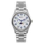 The image shows a BERNY wristwatch with a white dial and blue Arabic numerals. It features subdials for the date and day, along with a moon phase indicator. The watch is equipped with a silver metal bracelet.