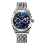 This image displays a BERNY watch with a deep blue dial and a sophisticated silver mesh band, showcasing its modern and stylish design.