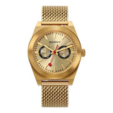 This image showcases a BERNY watch with a golden dial and a complementing gold-colored mesh band, emphasizing its luxurious and sophisticated appearance.