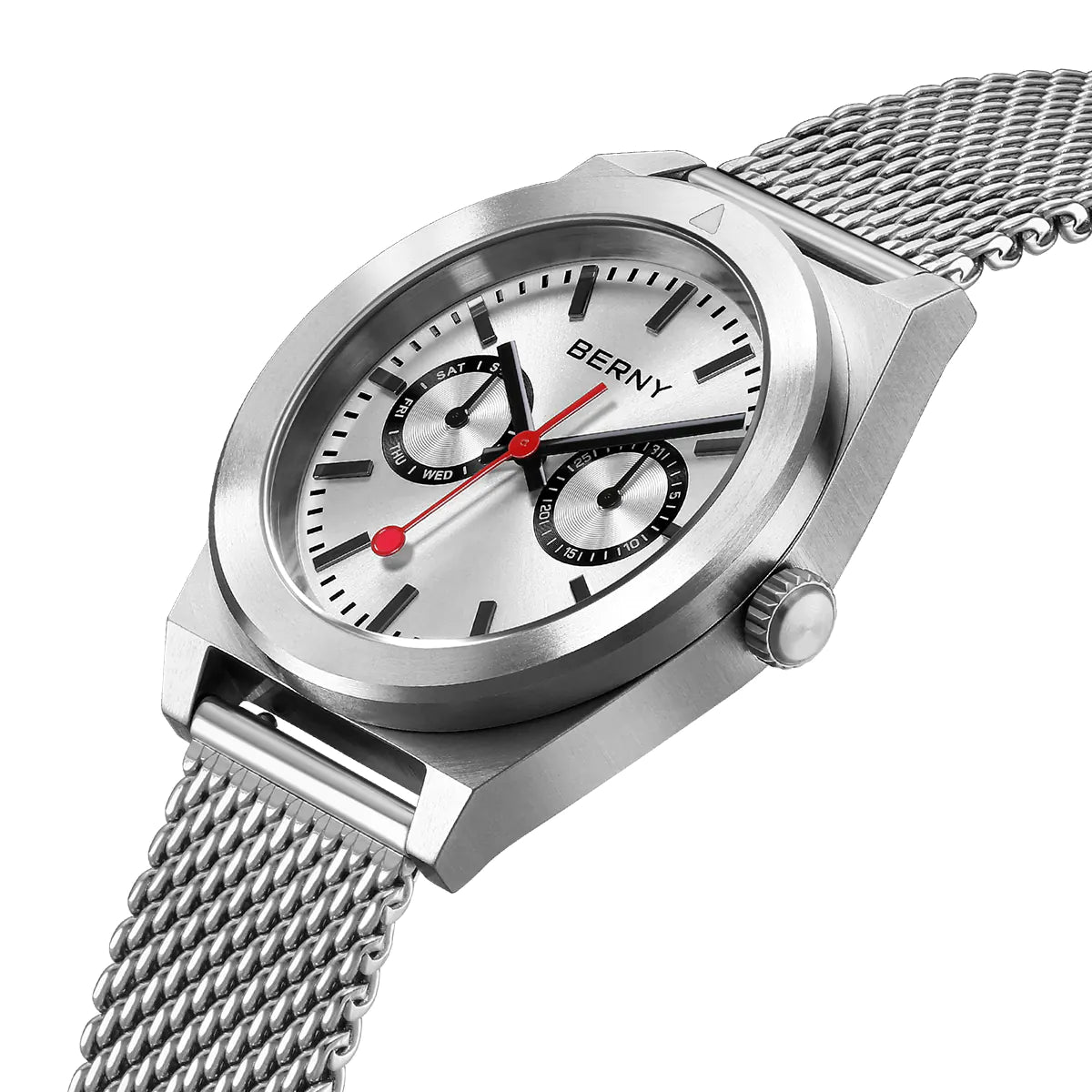 This image displays a BERNY watch with a sleek silver dial and a matching stainless steel mesh band, highlighting its modern and refined design.