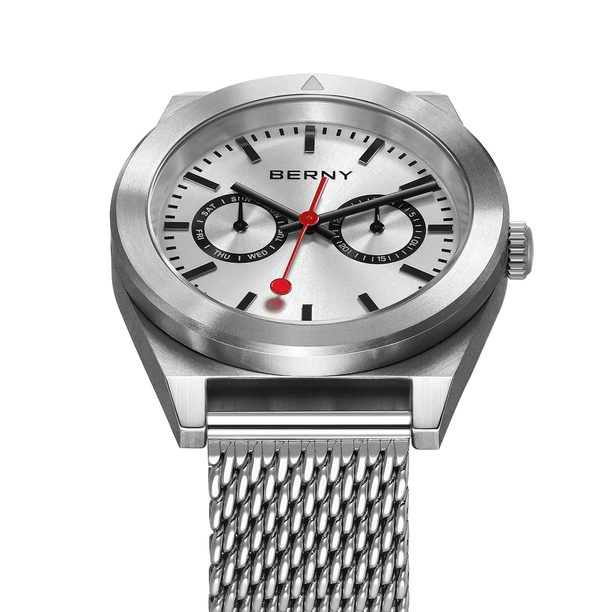 This image depicts a BERNY watch with a sleek silver dial and a matching stainless steel mesh band, highlighting its modern and refined design.