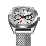 This image depicts a BERNY watch with a sleek silver dial and a matching stainless steel mesh band, highlighting its modern and refined design.