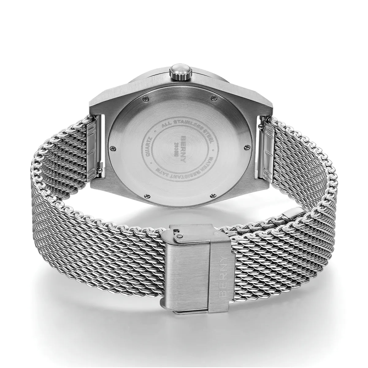 This image shows the back of a BERNY watch, highlighting its stainless steel casing and mesh band, indicating durability and style.