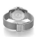 This image shows the back of a BERNY watch, highlighting its stainless steel casing and mesh band, indicating durability and style.