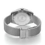 This image shows the back of a BERNY watch, highlighting its stainless steel casing and mesh band, indicating durability and style.