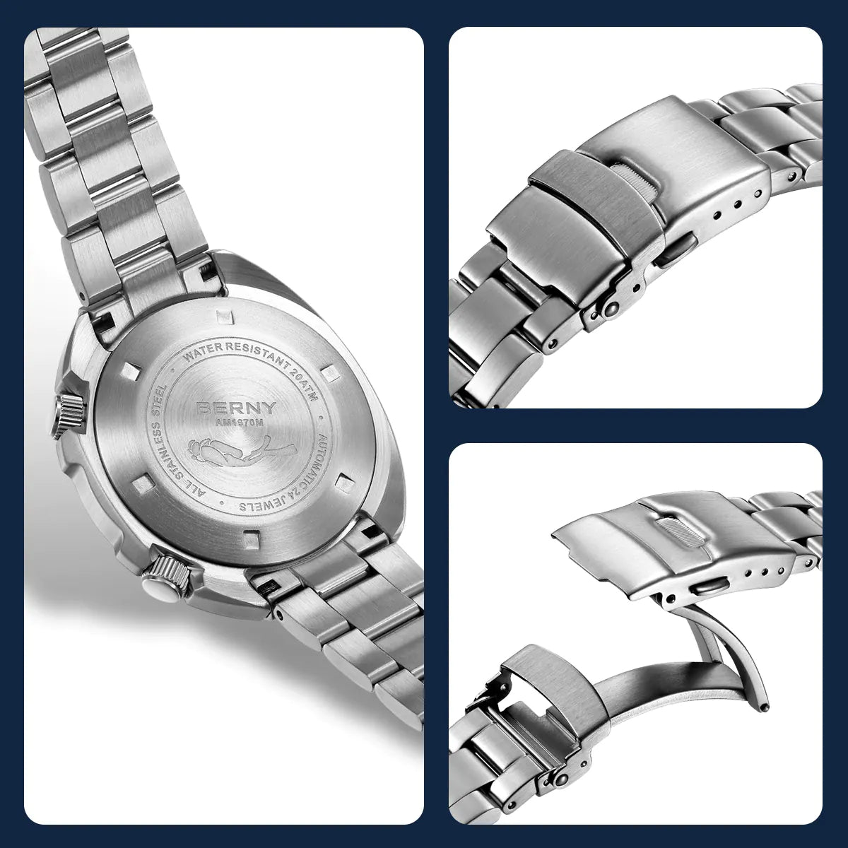 stainless steel case and strap with double press folding clasp