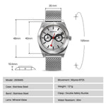 This image provides detailed specifications of a BERNY watch. The model is 2935MS with a stainless steel case and band. It features a Miyota 6P25 movement, mineral glass lens, and weighs 121g. The watch dimensions are 48mm by 40mm with a thickness of 10.5mm, a strap width of 20mm, and a total strap length of 195mm. It also includes a double safety buckle clasp and is water resistant up to 30 meters.