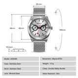 This image provides detailed specifications of a BERNY watch. The model is 2935MS with a stainless steel case and band. It features a Miyota 6P25 movement, mineral glass lens, and weighs 121g. The watch dimensions are 48mm by 40mm with a thickness of 10.5mm, a strap width of 20mm, and a total strap length of 195mm. It also includes a double safety buckle clasp and is water resistant up to 30 meters.