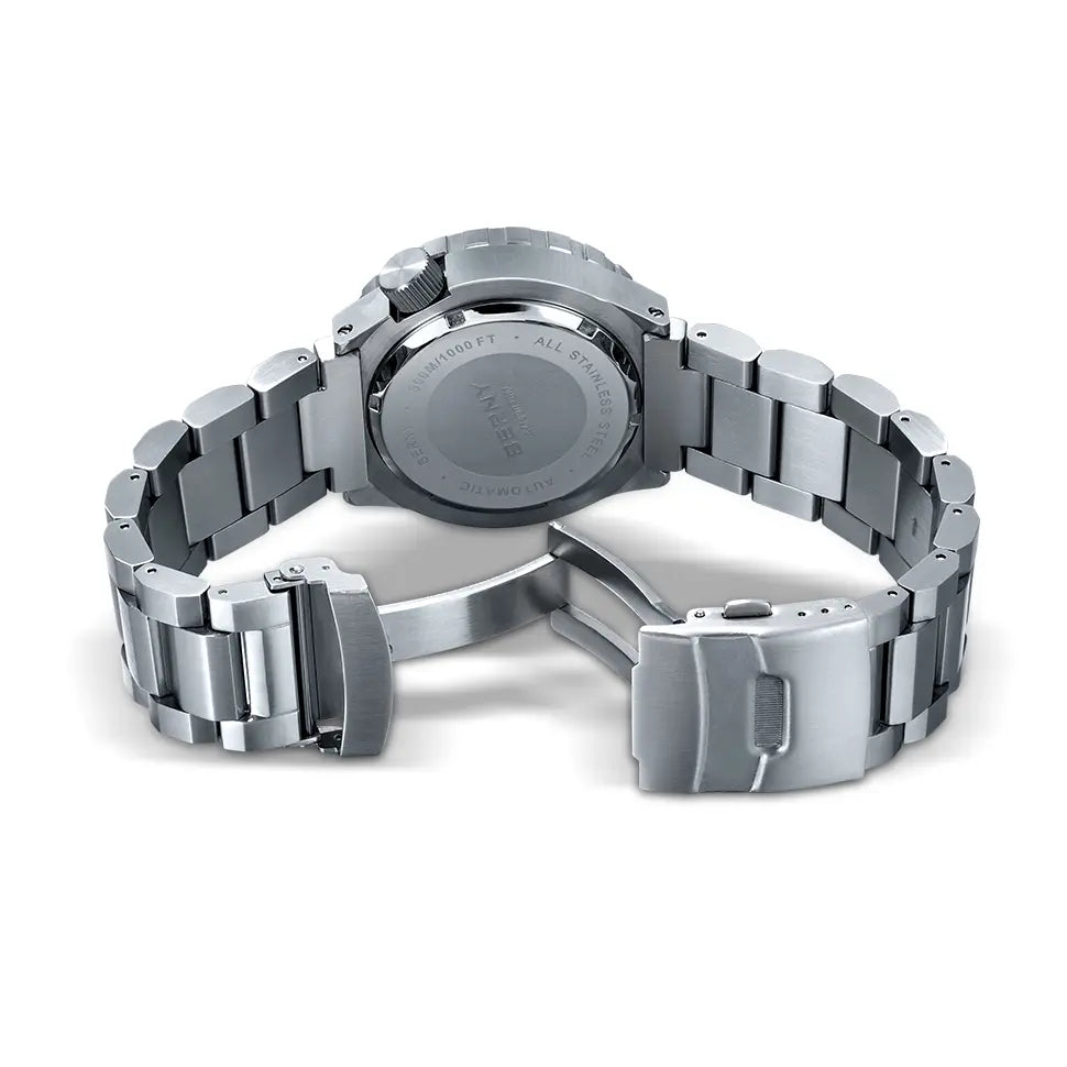 solid stainless steel strap; double-locking fold-over clasp