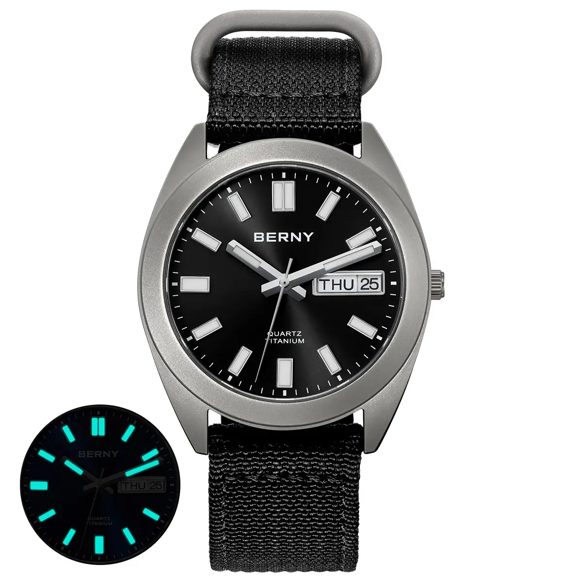 titanium dress watch(black sunburst dial) with canvas strap and blue super luminous